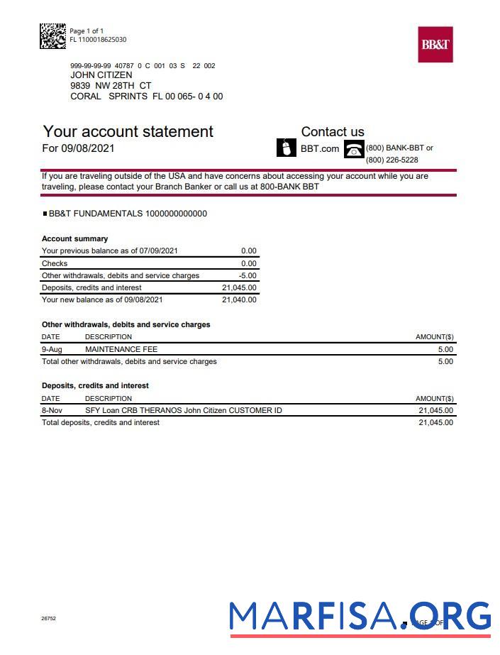 Printable USA North Carolina BB&T Corp. bank account statement word real example